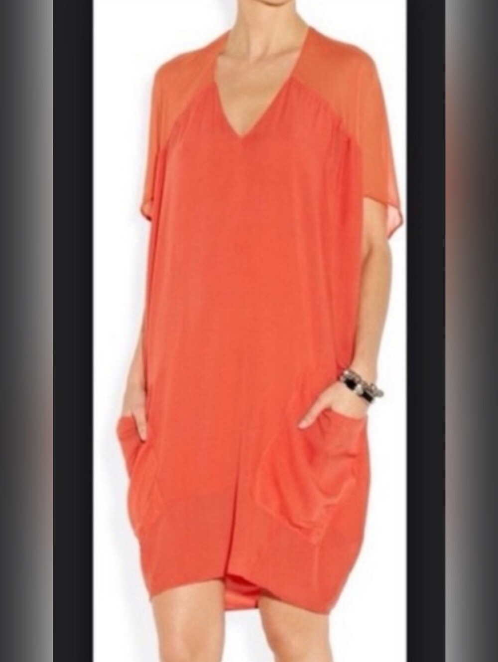 Helmut Lang Orange Coral V-Neck Sheer Tunic Dress With Pockets Sz M